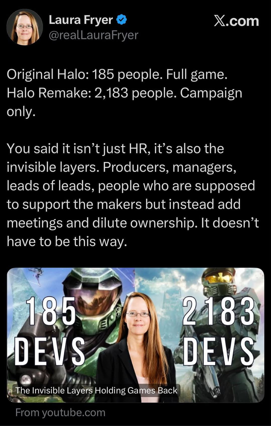 Laura Fryer Compares Halo Development Staffing Over Time - Gaming on Aviaclip