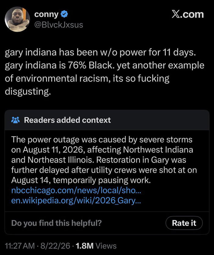 Social Media Post About Gary, Indiana Power Outage Receives Community Note - Interesting on Aviaclip