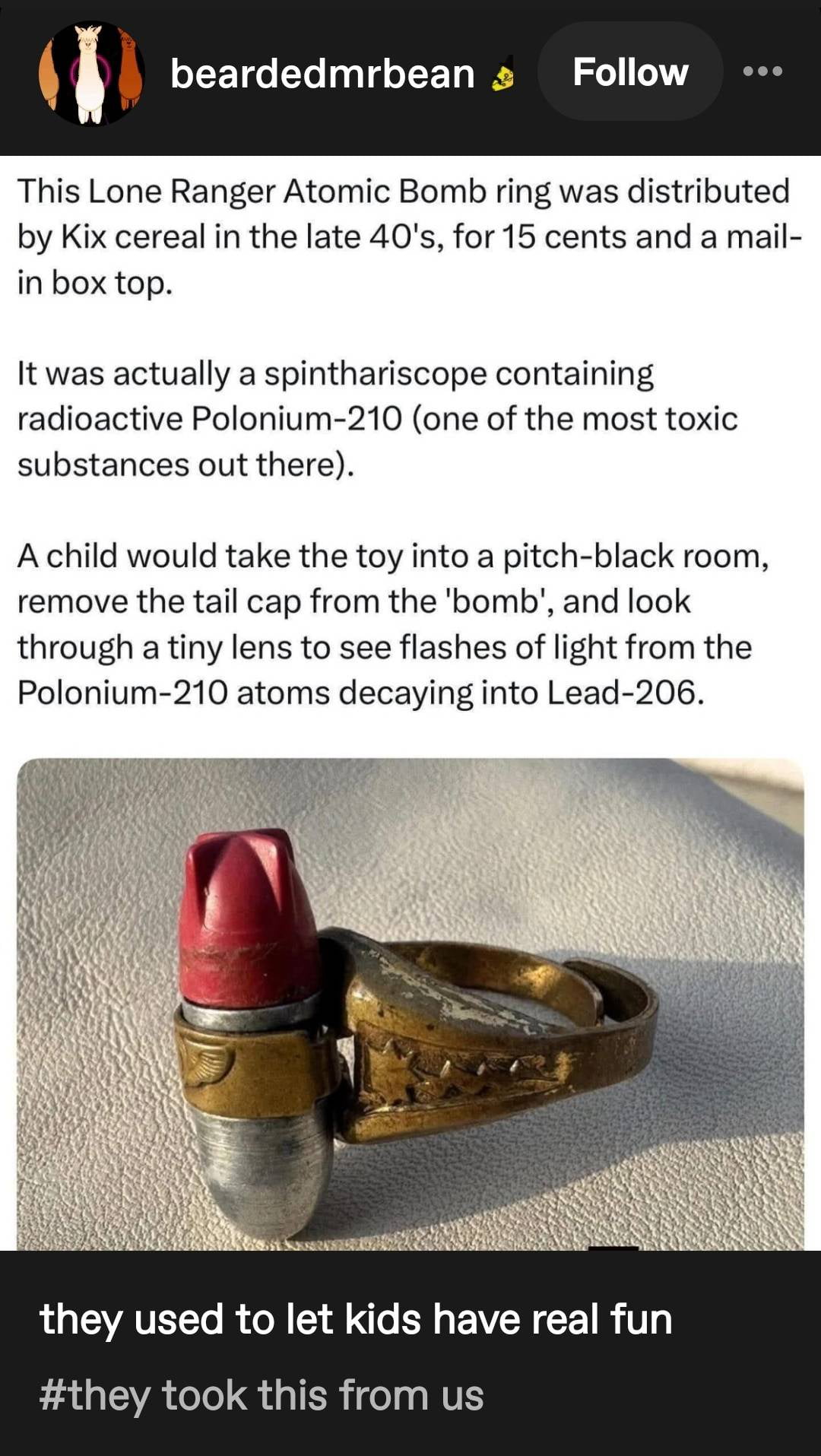 The Radioactive Lone Ranger Atomic Bomb Ring from Kix Cereal