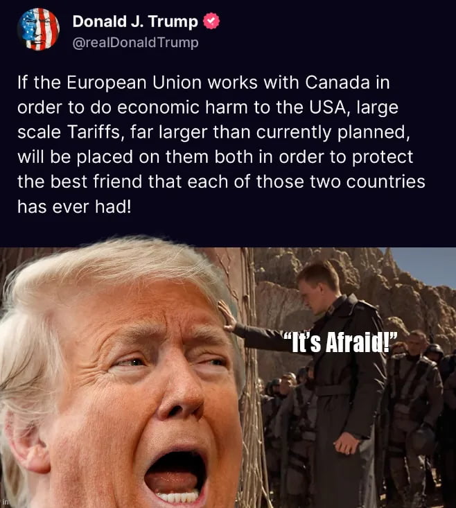 Donald Trump Tariff Threat Meme Featuring Starship Troopers Reference - Memes on Aviaclip
