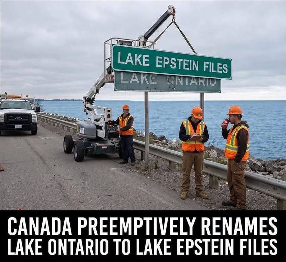 A satirical look at a doctored road sign featuring Lake Ontario