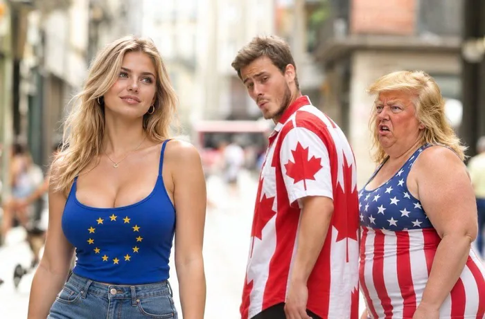 Geopolitical Distracted Boyfriend Meme Featuring Canada, the EU, and the US