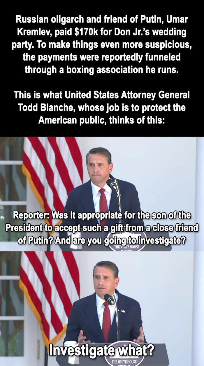 U.S. Attorney General Todd Blanche Responds to Questions Regarding Don Jr.'s Wedding Funding