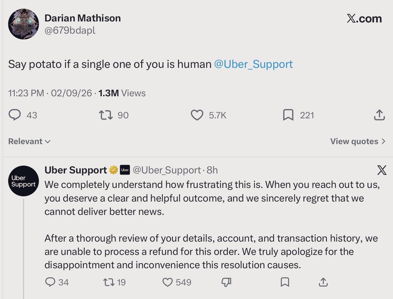 Customer Challenges Uber Support to Prove Humanity with a 'Potato' Test - Funny on Aviaclip