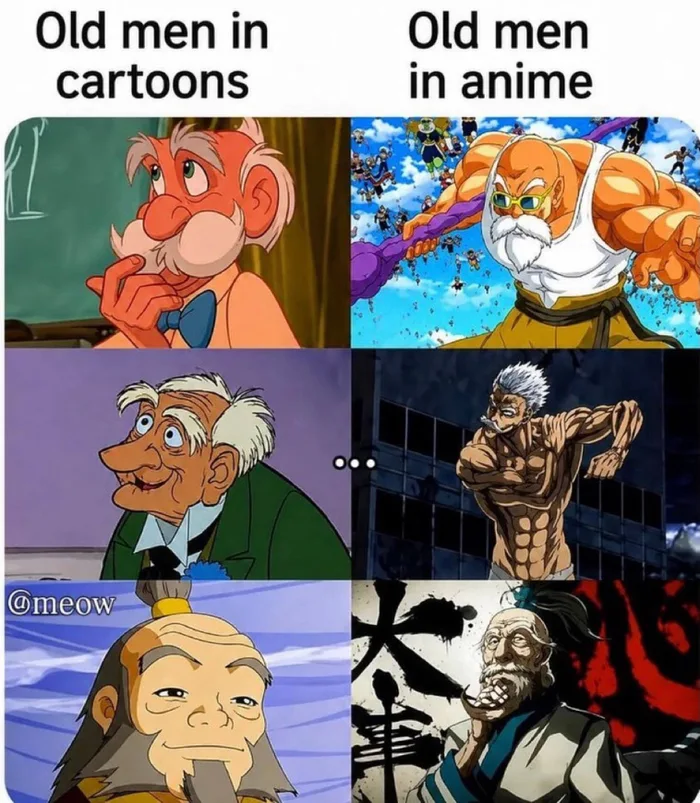 Comparing the Physicality of Elderly Characters in Cartoons Versus Anime - Memes on Aviaclip
