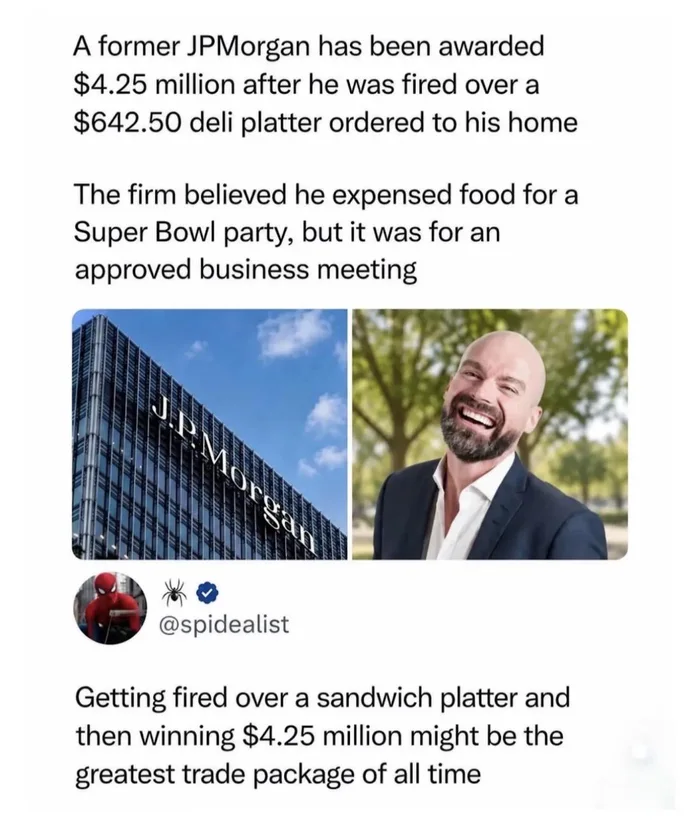 Former JPMorgan Employee Awarded $4.25 Million After Wrongful Termination Over Deli Platter - Interesting on Aviaclip
