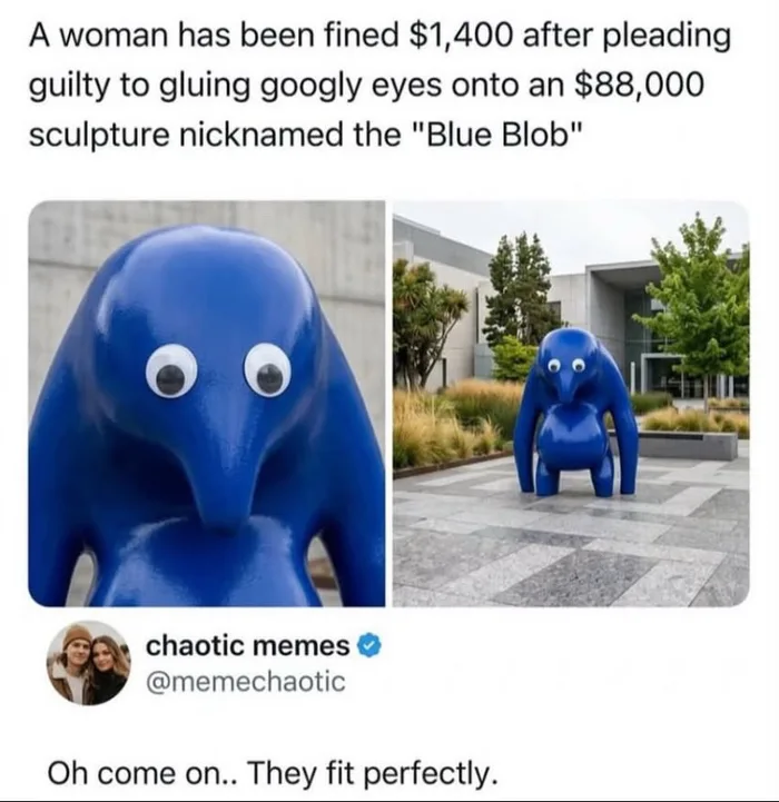 Woman Fined $1,400 for Adding Googly Eyes to $88,000 Sculpture - Funny on Aviaclip