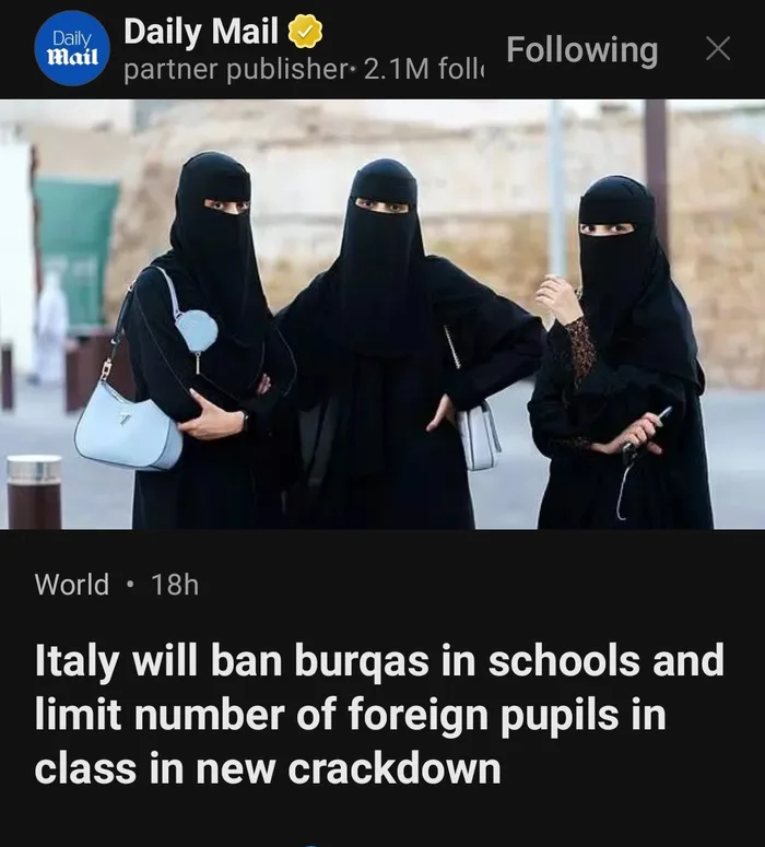 Italy Announces New Restrictions on Burqas in Schools and Foreign Student Enrollment - Interesting on Aviaclip