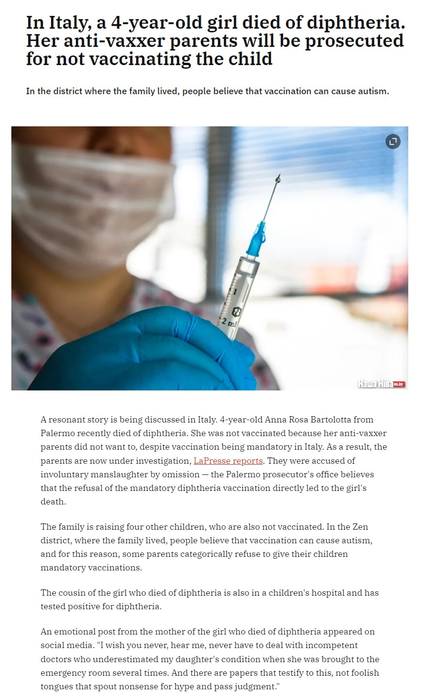 Parents Face Prosecution After 4-Year-Old Daughter Dies of Diphtheria in Italy - Interesting on Aviaclip