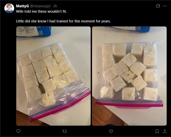 A Husband Proves His Wife Wrong With Some Creative Cube Packing