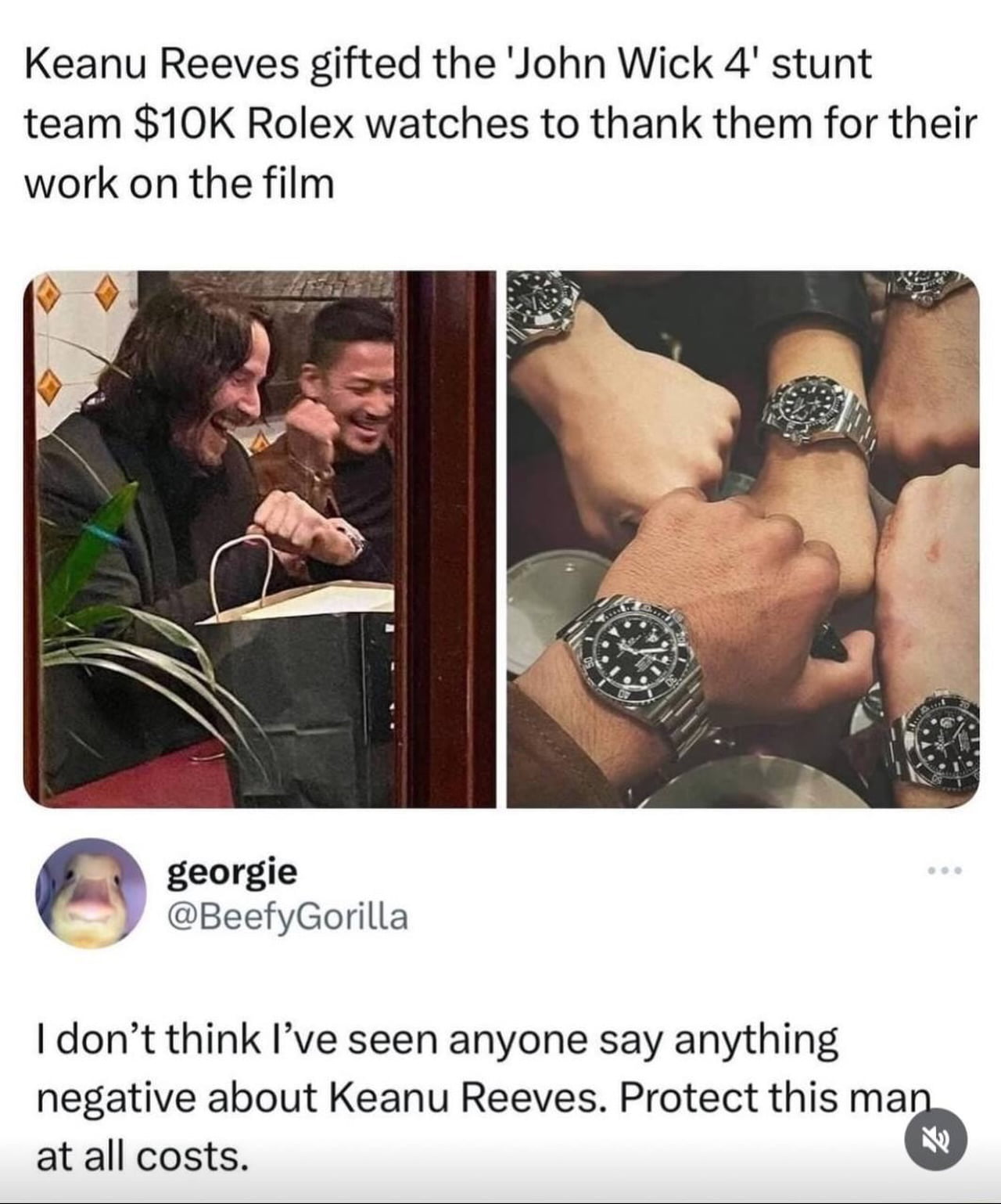 Keanu Reeves Gifts Custom Rolex Watches to John Wick 4 Stunt Team - Wholesome on Aviaclip