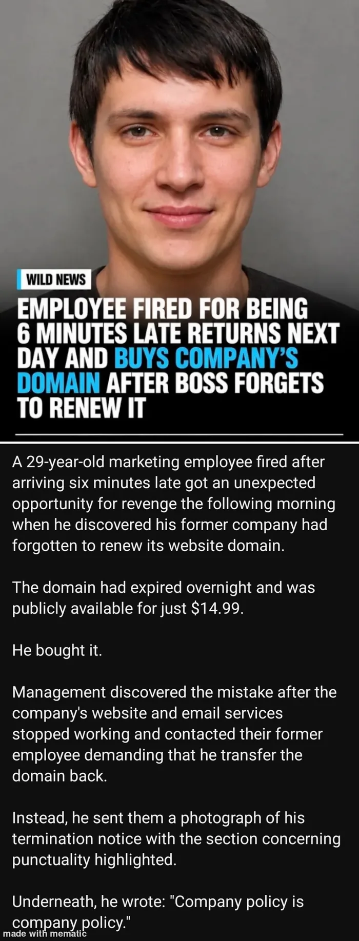 Fired Employee Allegedly Buys Former Company's Expired Domain for Revenge - Memes on Aviaclip