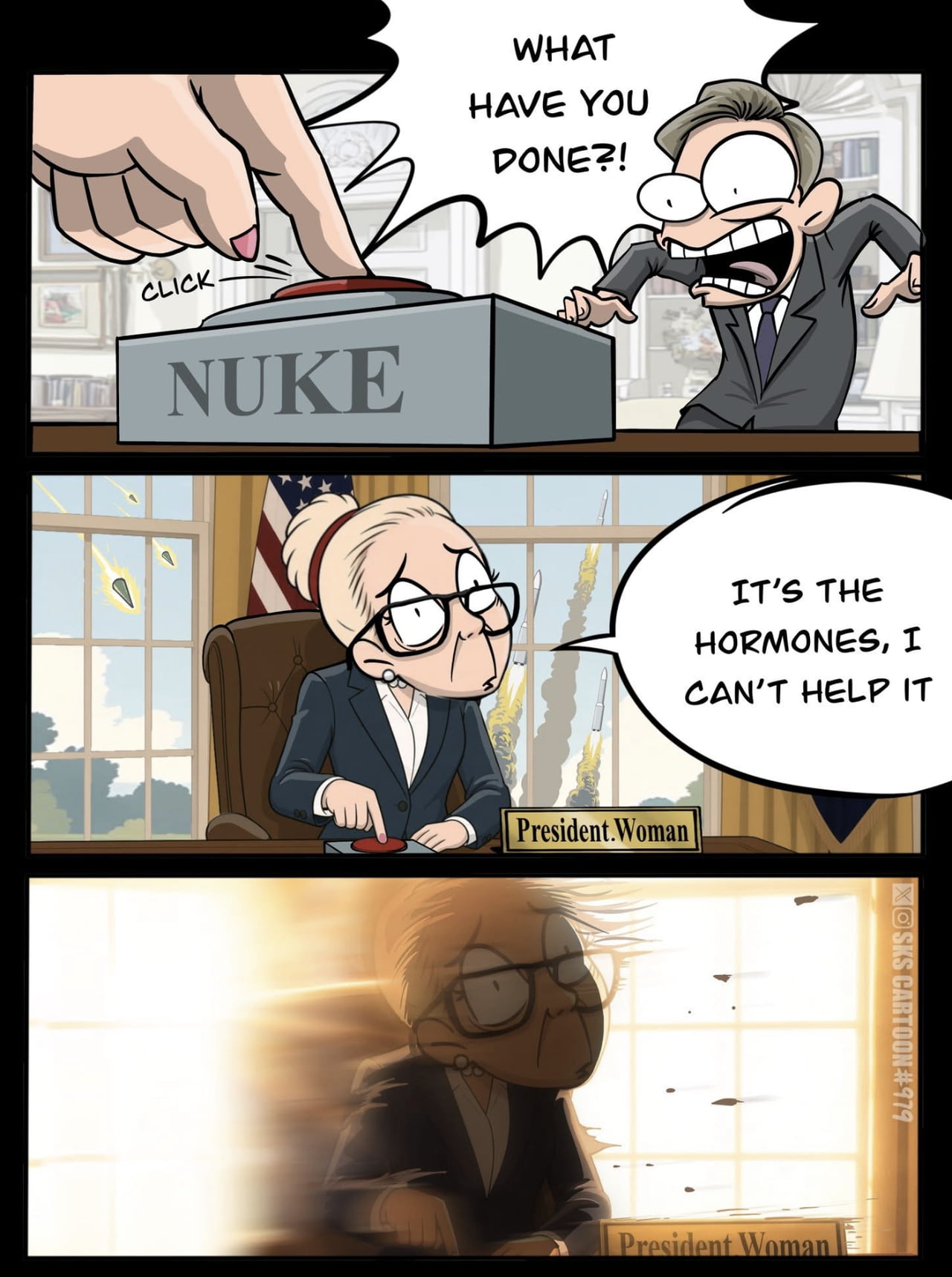 Political Cartoon Depicts a Fictional Scenario Involving a Female President and Nuclear Launch - Memes on Aviaclip