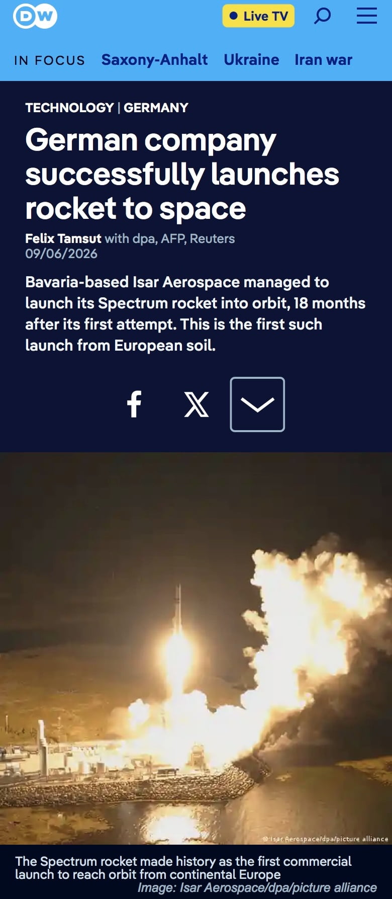 Isar Aerospace Successfully Launches Spectrum Rocket into Orbit