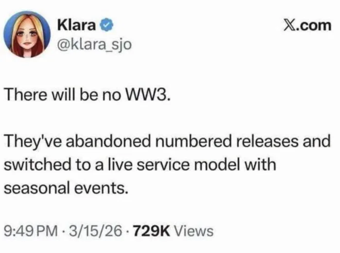 Social Media Post Suggests Global Conflicts Have Shifted to a Live Service Model