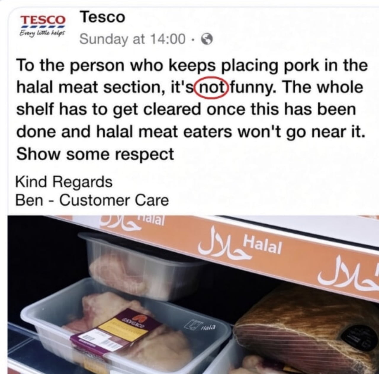 Tesco Customer Care Addresses Unauthorized Placement of Pork in Halal Section - Funny on Aviaclip