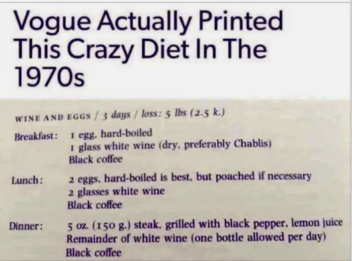 The Bizarre 'Wine and Eggs' Diet Published by Vogue in the 1970s - Interesting on Aviaclip