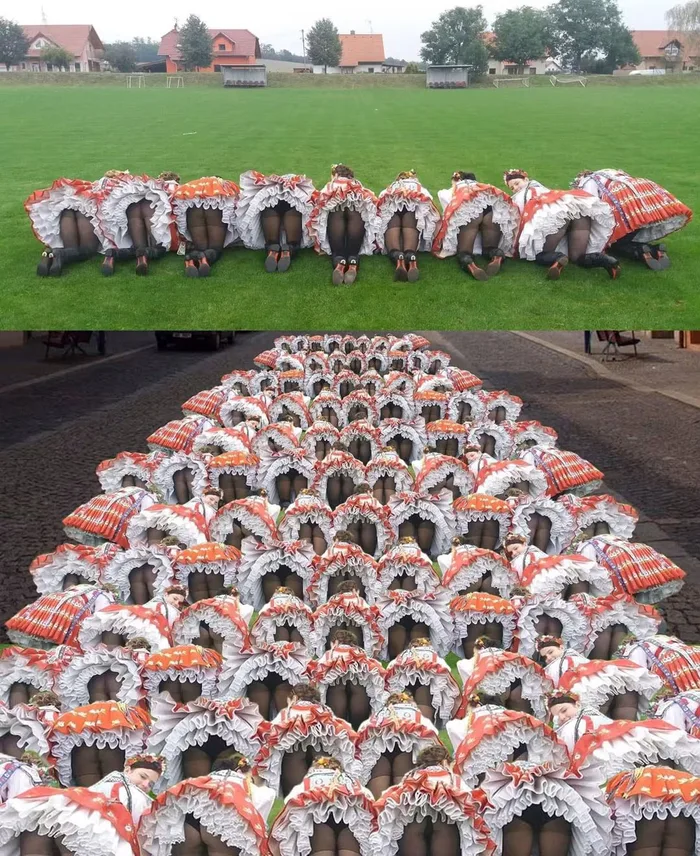 Large Group Performs Synchronized Pose in Traditional Folk Attire - Interesting on Aviaclip