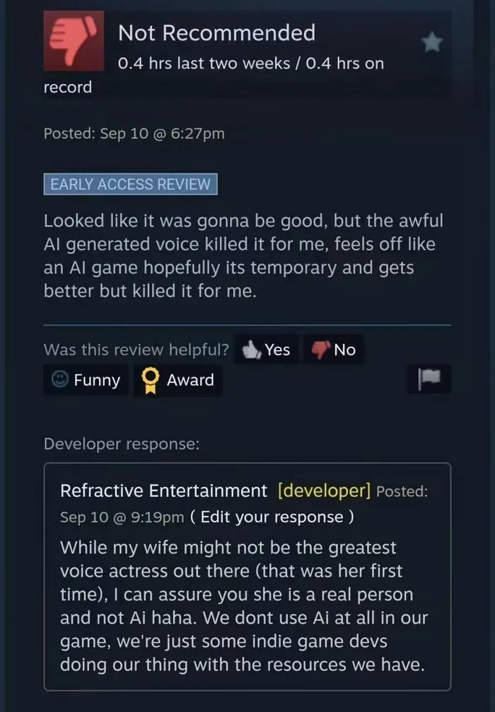 Indie Game Developer Corrects Player Who Mistook His Wife's Voice Acting for AI