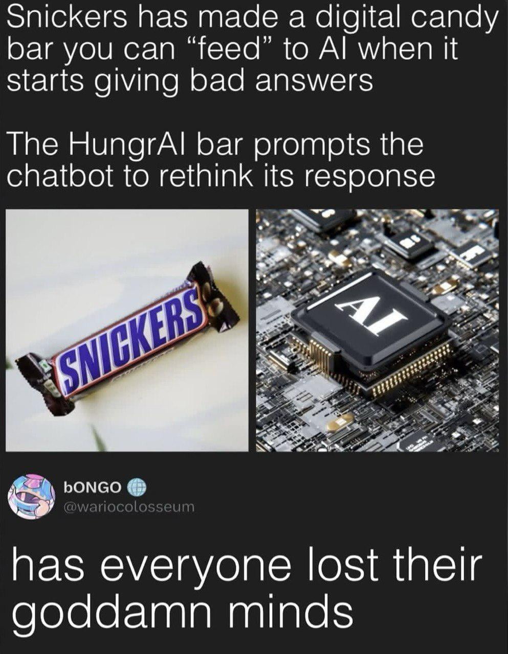 Snickers Introduces 'HungrAI' Digital Candy Bar for Chatbots - Technology on Aviaclip