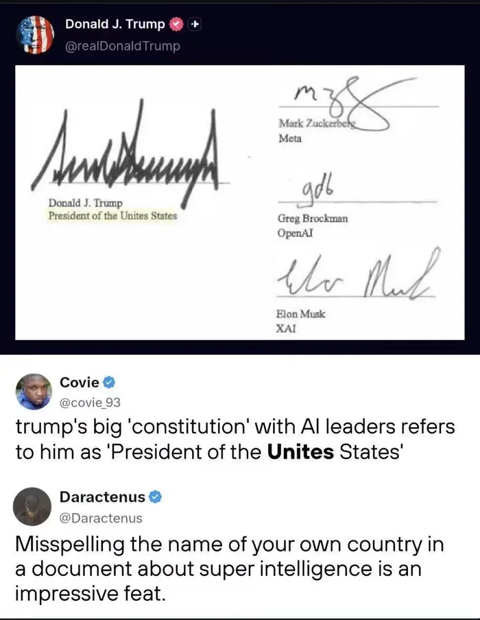 Typo Found in Document Signed by Donald Trump and Tech Leaders - Memes on Aviaclip