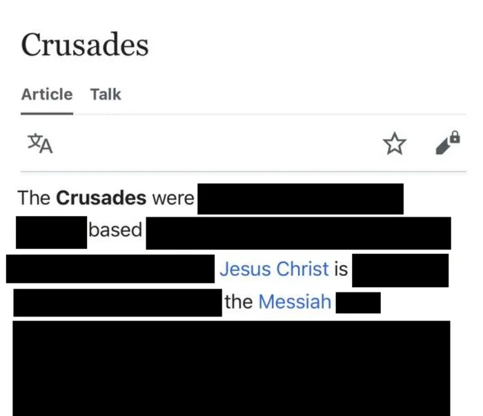 Wikipedia Article Edit Featuring Redacted Text About the Crusades