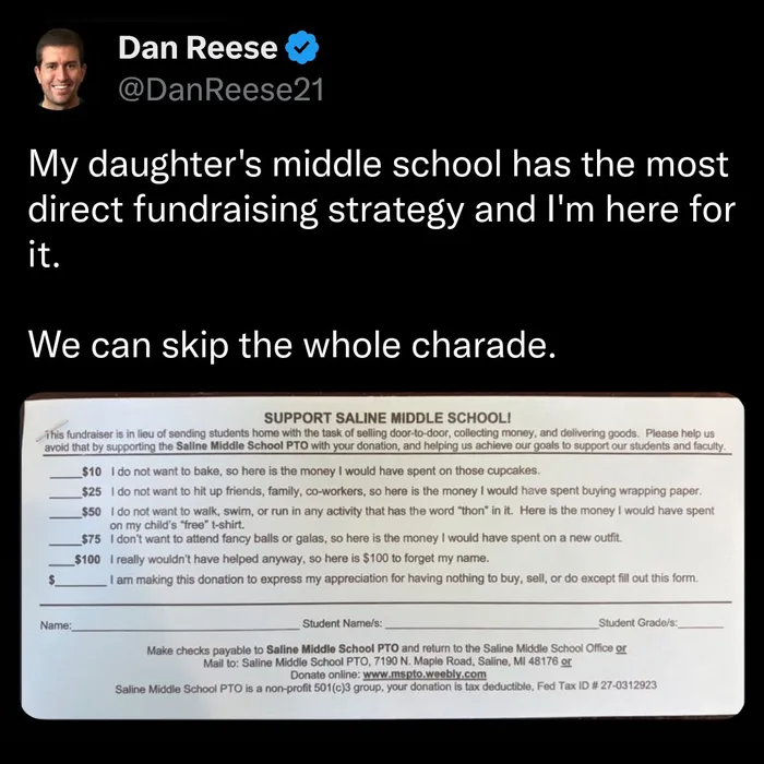 This Middle School's Honest Fundraising Form Is Refreshingly Direct - Funny on Aviaclip