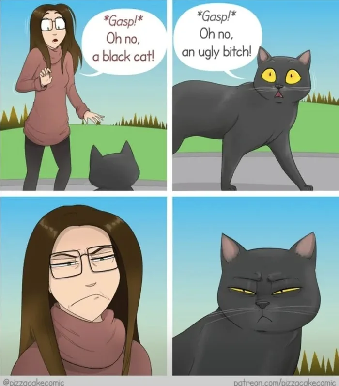 A Humorous Comic Strip About a Rude Encounter With a Black Cat - Funny on Aviaclip