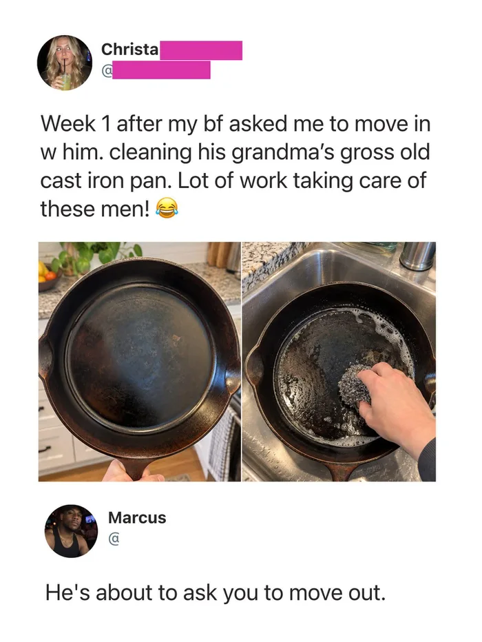 Social Media Post Sparks Debate Over Cast Iron Pan Maintenance - Memes on Aviaclip
