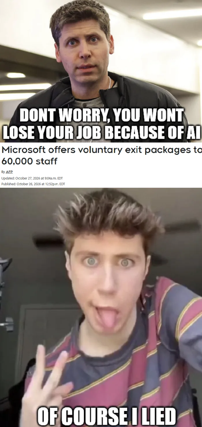 Microsoft : yeah we're firing 25% of our people on top of the 20 000 we already fired in the last 2 years because AI can replace them... and we're just getting started. Imagine get