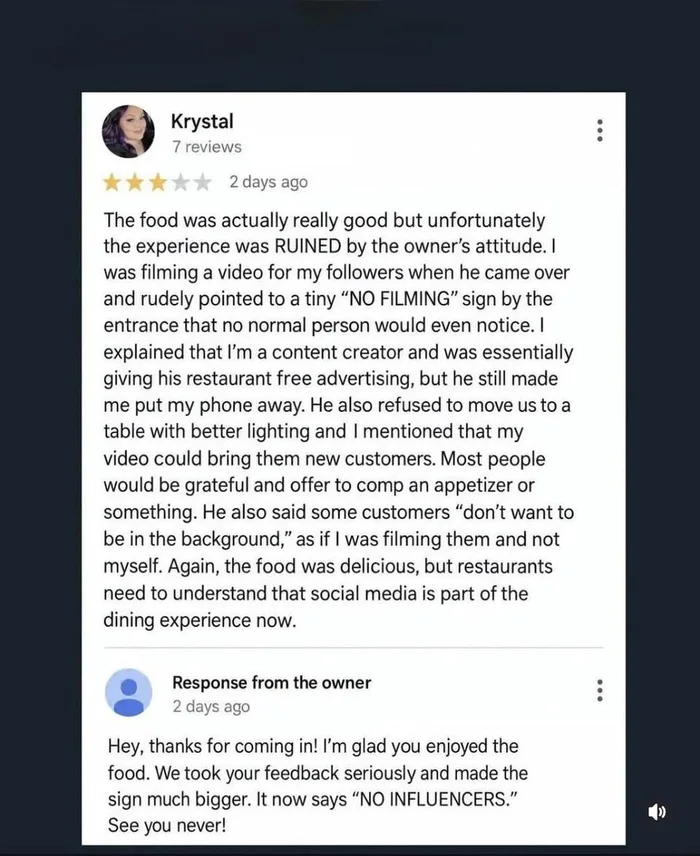 Restaurant Owner Updates Sign After Influencer Complains About Filming Ban