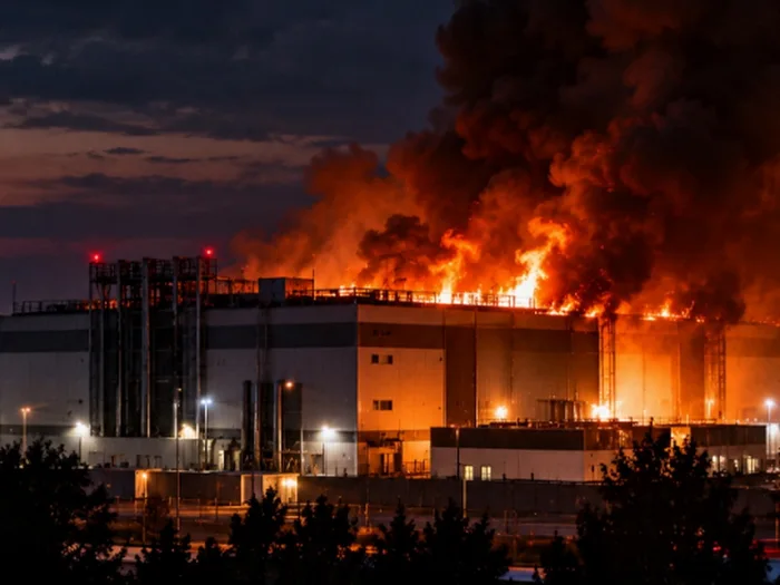 Large Fire Engulfs Industrial Facility at Night