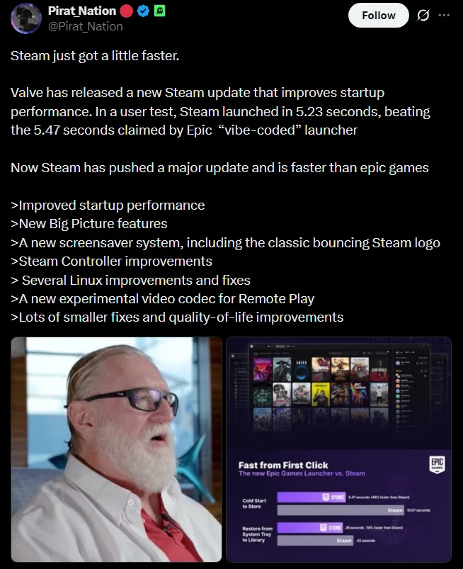 Steam Update Outperforms Epic Games Launcher Startup Speeds