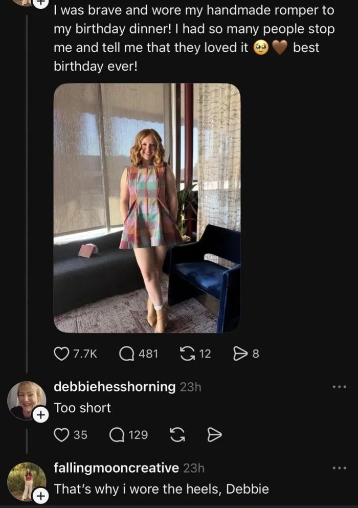 Woman Delivers Perfect Comeback After Critic Calls Her Handmade Romper Too Short