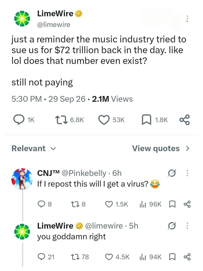 LimeWire's Official Account Jokes About Its Infamous Reputation for Malware