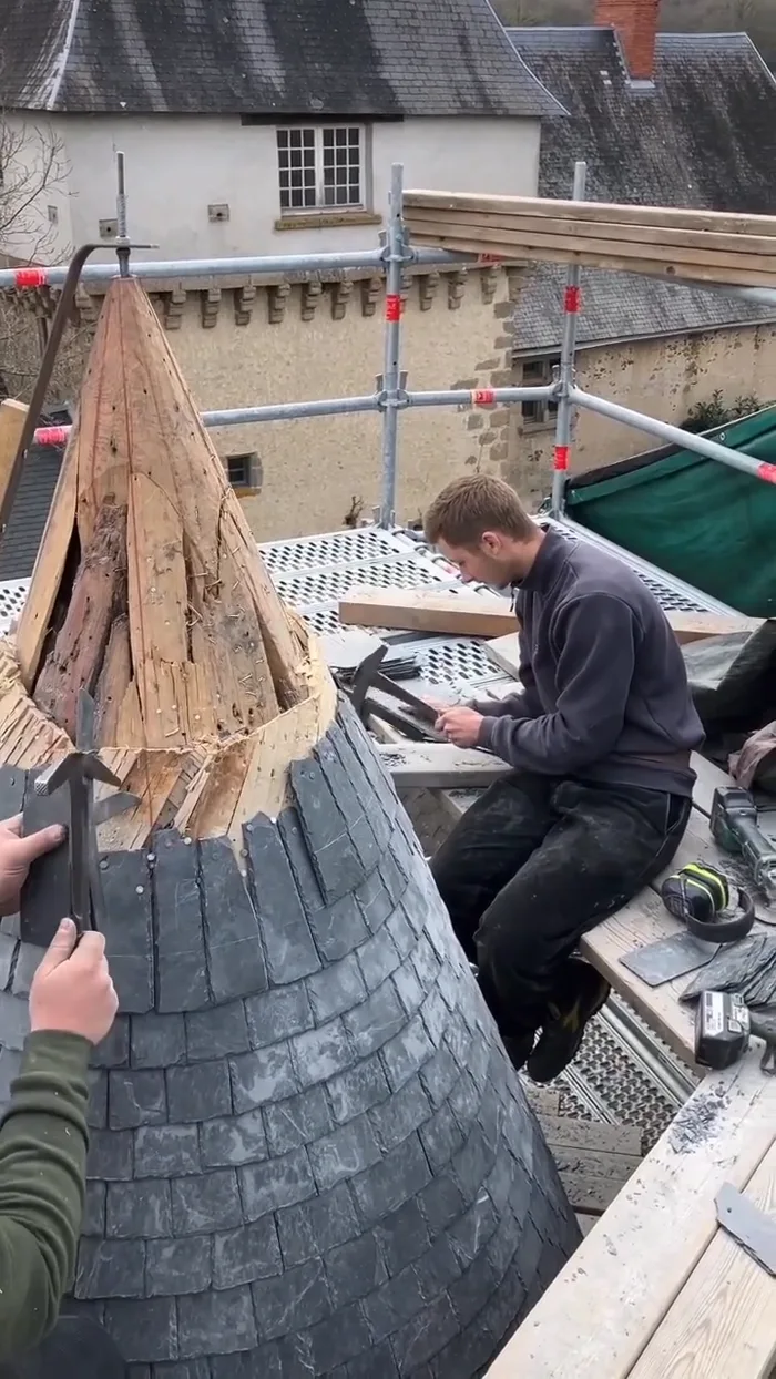 Roofers Carefully Apply Slate Shingles to a Church Tower Spire - Interesting on Aviaclip