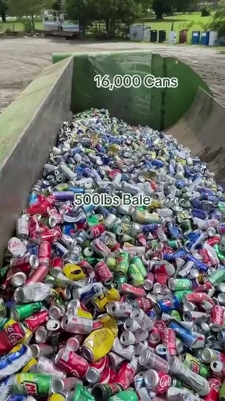 Industrial Baler Compresses 16,000 Aluminum Cans into a Single Cube