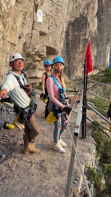 Adventurous Climbers Navigate a Steep Cliffside Ladder
