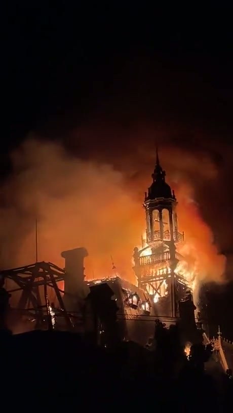 Nighttime Footage Captures Intense Fire Engulfing Historic Bell Tower