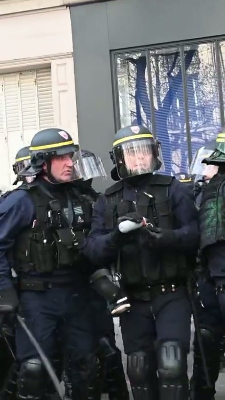 French Riot Police Officer Struggles with Grenade Deployment